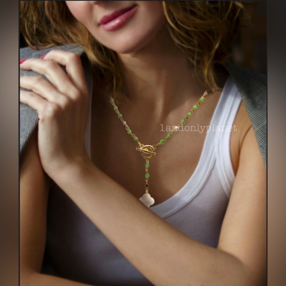 Evergreen 4 Leaf Clover Floral Cross Natural Stone Versatile Necklace Lariat